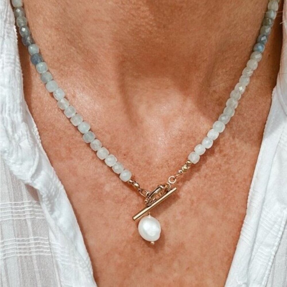 Aquamarine Beaded Necklace Ocean Blue Gemstone Jewelry Waterproof Vacation Gift - Picture 5 of 14